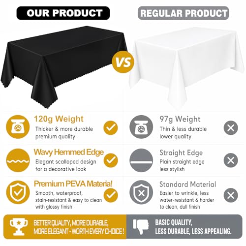 Image of NatNarr 3 Pack Black Tablecloth Plastic, Scalloped Halloween Table Cloths