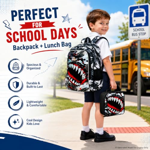 Image of 3Pcs Backpack for Boys, 16 inch Shark Kids Bookbag with Lunch Box, School Backpacks for Elementary Preschool Kindergarten (Black)