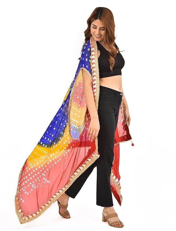 pk mart Women's Rajasthani Bandhani Silk Dupatta Shrug, Traditional Bandhej Style with Gota Patti Work and Latkan, Chiffon Material, Adult Size-picture-16