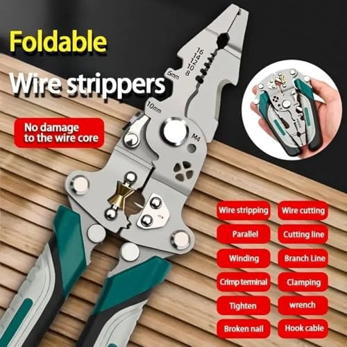 Image of Foldable Wire Stripper Pliers with Cutting & Crimping Function, Multi-Function Electrician Hand Tool for Wire Stripping, Cable Cutting, Crimping & Repair Work