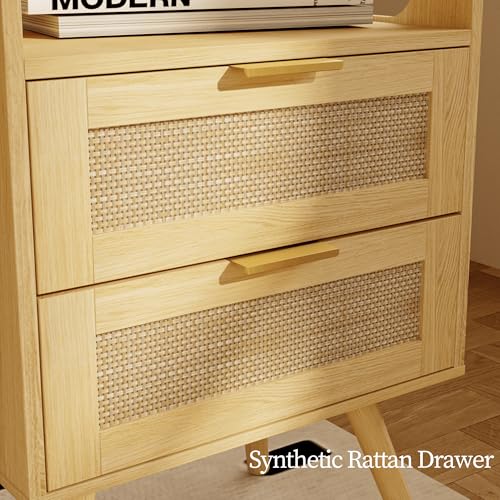 Image of JOONEE Rattan Nightstand,Farmhouse Bedside Table with 2 Storage Drawer and Open Wood Shelf, for Bedroom and Small Spaces,Night Stand with Solid Wood Legs (Yellow Oak)