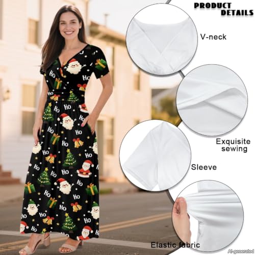 Image of Women's Fall Summer Short Sleeve Ankle Length V-Neck Party Dress with Pockets Size S-3XL