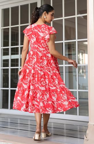 Image of Janasya Women's Georgette Printed Flared Western Dress