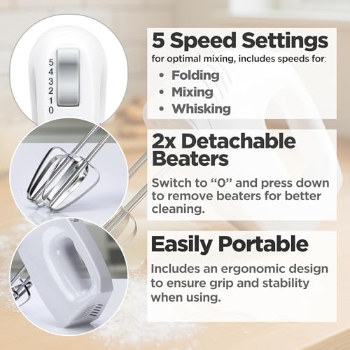 Status Nashville 5 Speed Hand Mixer, Electric Hand Held Mixer, White, 150W, 1.3 Metre Cable, NASHVILLE1PKB4 - Image 4