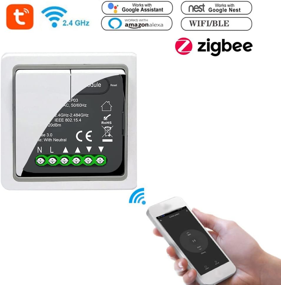 Image showing the Zigbee Curtain Module installed behind a wall switch, with a smartphone displaying the Tuya app for remote control, emphasizing seamless integration.
