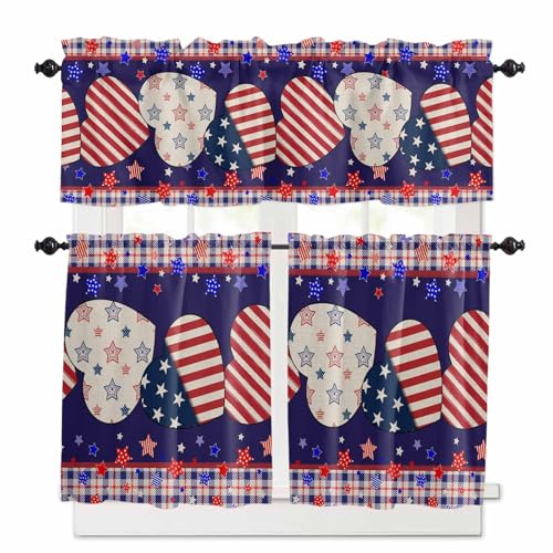 Independence Day Kitchen Curtains 36 Inch Length, 3 Piece Rod Pocket Small Half Tiers and Valance Set, American Flag Star Blue Red Plaid Small Large Window Treatment Decor for Bedroom/Bathroom Sink
