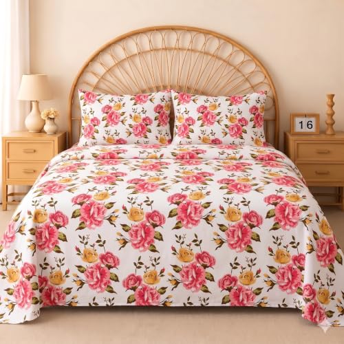 Image of IVAZA 240 TC Soft Ezyption Cotton Floral Print King Size Bedsheet - with 2 Pillow Covers, Hypoallergenic, Brethable, (Size- 90 x 90 Inch) Pink White
