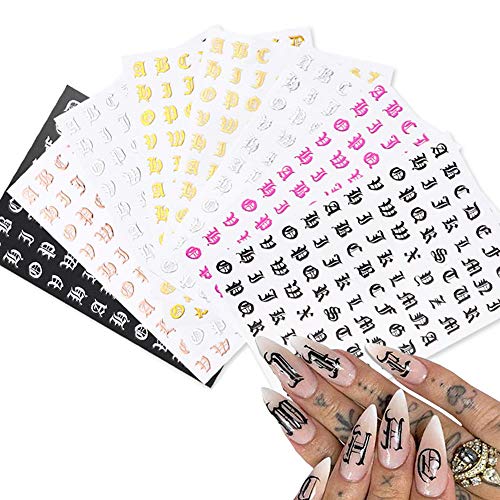 Letter Nail Art Stickers Alphabet Nail Decals 3D Nail Supplies Holographic Old English Character Nail Self-Adhesive Sticker English Font Design Manicure Decorations Accessories 8 Colors