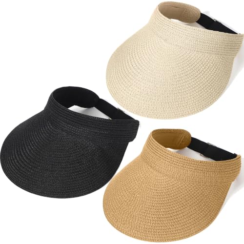 3 Pack Women Straw Sun Visor Hats Wide Brim UV UPF 50+ Protection Beach Visor Foldable Packable Adjustable Summer Hats for Outdoor Travel (US Alpha (Alpha) One Size Khaki+Beige+Black)