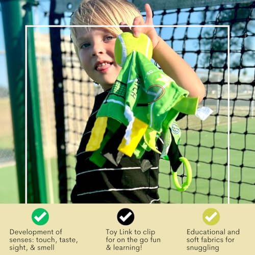 Image of Baby Jack & Co 10x10 inch Tennis Sports Lovey Sensory Plush Blanket - Tag Toys for Babies - Baby Stroller Toys - Learn Shapes, Letters & Colors - Perfect MVP Baby Toy & Baby Sports Gift w /Stroller Clip