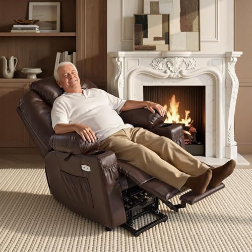 Image of MCombo Large Power Lift Recliner Chair with Massage and Heat for Tall Elderly People, 3 Positions, Cup Holders, and USB Ports, Faux Leather 7516 (Large, Dark Brown)