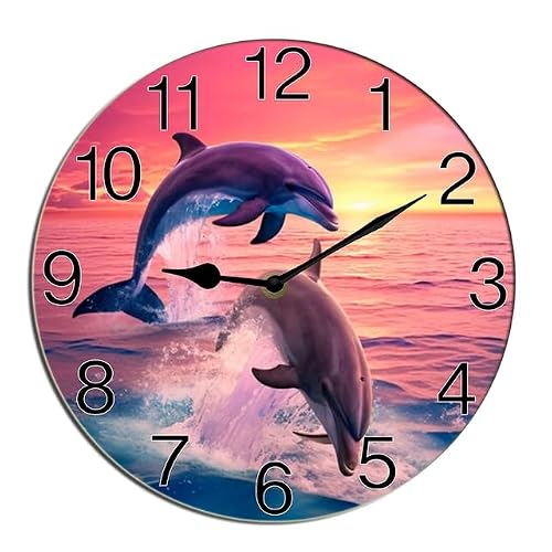 Horienteeon Horloge murale motif dauphin avec créatures de bord de mer pour chambre à coucher, salon, horloge murale florale printanière facile à lire pour chambre, salle de bain et cuisine ronde 25,4