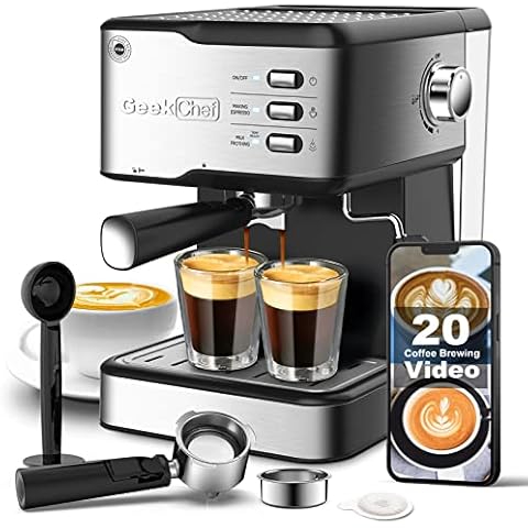 Geek Chef Espressomaschine Kaffeemaschine 20 Bar Pumpe Cappuccino Latte Maker mit ESE POD Kapseln Filter & Milchaufschäumer Dampfstab Cover