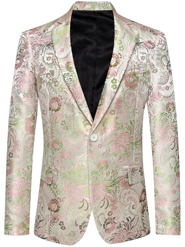 Image of Barry.Wang Mens Flowers Blazer Suit Jacket Floral Jacquard Notched Lapel Tuxedo Casual Sport Coat Disco Prom Wedding Party