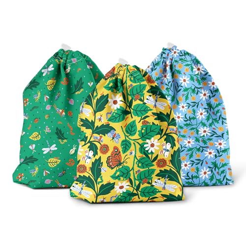 Image of Esembly Ditty Bag Trio - Reusable Waterproof Wet Bags for Cloth Diapers, Swimsuits, Toiletries, and Snacks, Set of 3 - Dancing Daisies, Crawlers and in The Garden Prints