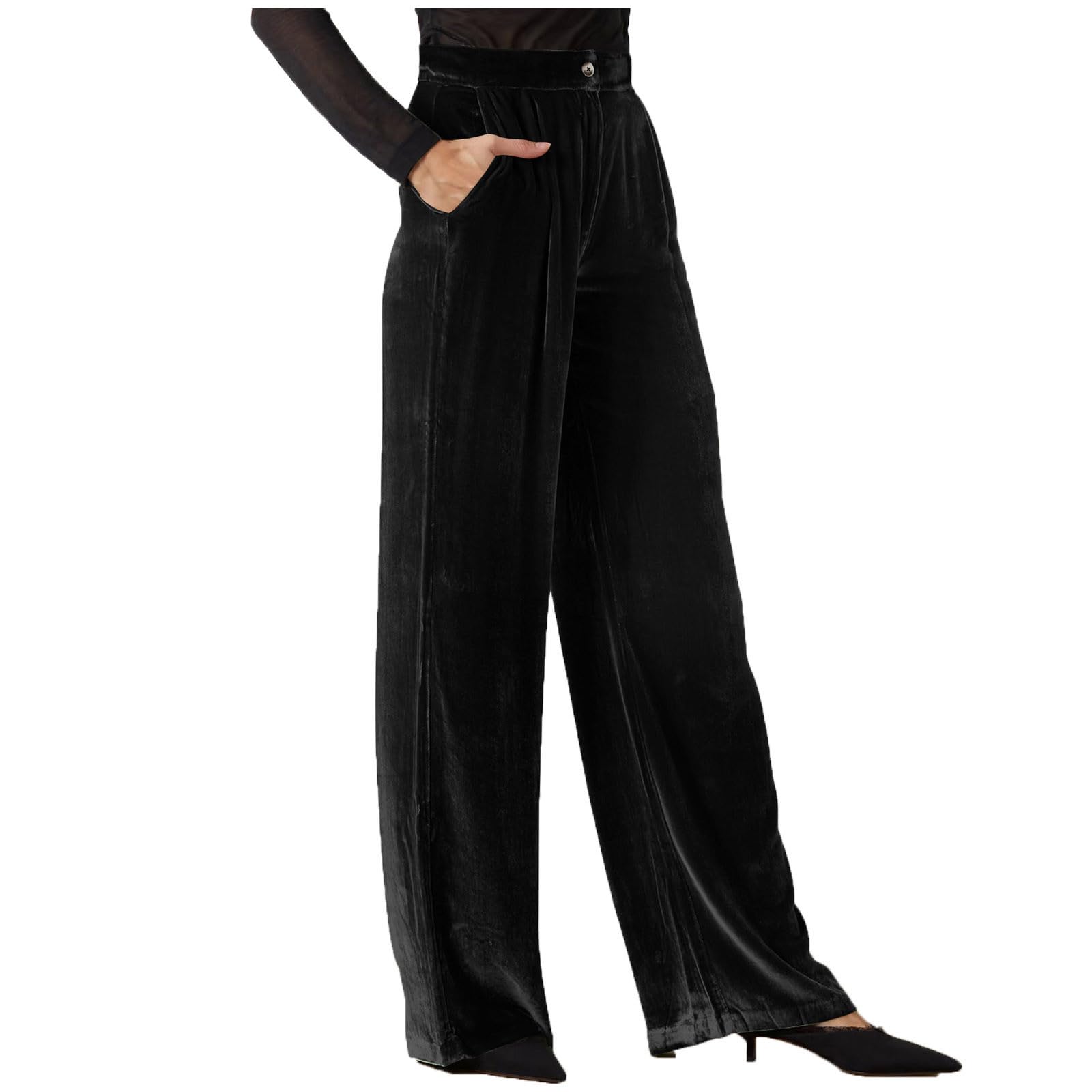 XUNRYAN Velvet Pants Women High Waist Wide Leg Palazzo Pants Casual Outfits Long Flowy Trousers Pockets 2024 Fashion