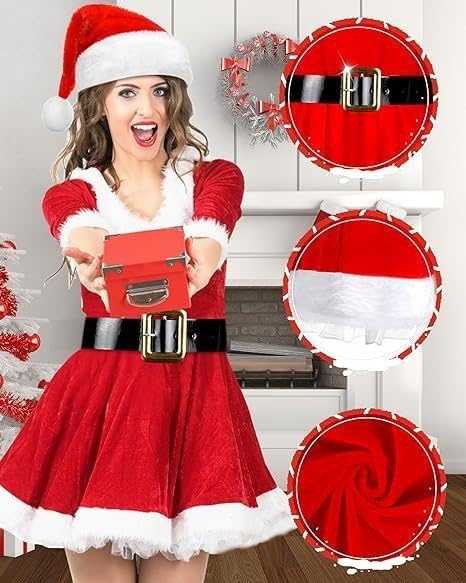 5 Pack Women Mrs Claus Christmas Costume Set Velvet Dress with Belt Striped Over Knee High Socks Santa Hat Gloves - Image 3