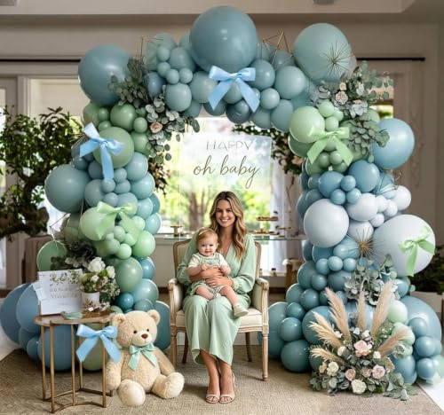 Image of Dusty Blue Sage Green Balloon Arch Kit, Double Stuffed Pastel Light Green Fog Blue White Cream Balloon Garland With Bows for Baby Shower Bridal Wedding Birthday Gender Reveal Silly Goose Party Decor