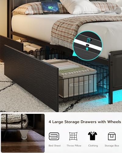 CollaredEagle Queen Bed Frame with 4 Storage Drawers, Charging Station and LED Lights, Headbroad Storage, No Box Spring Needed, Easy Assembly, Noise-Free, Black