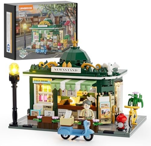 LUMIBRICKS Newsstand Lighting Building Bricks Set - City Town Life Newsstand LED Light Construction Building Model Set 556 Pcs for Adults and Teen