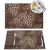 Brown Leopard Placemats Set of 4 Black Cheetah Skin Wild Animal Print Wipeable Table Mats Reusable Washable PVC Rectangle Place Mats for Kitchen Dining Home Decor 12x18 Inches