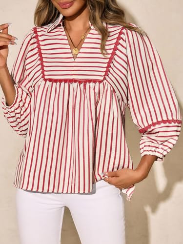 Tankaneo Womens Striped Babydoll Tops Oversized 3/4 Sleeve Peplum Blouse Loose Fit Pleated Cute Shirts3
