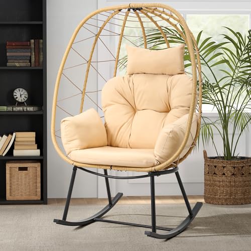 DWVO Wicker Rocking Egg Chair, Oversized Indoor Outdoor Rattan Rocking Chair, Indoor Outdoor Lounger for Patio, Backyard, Living Room, Beige
