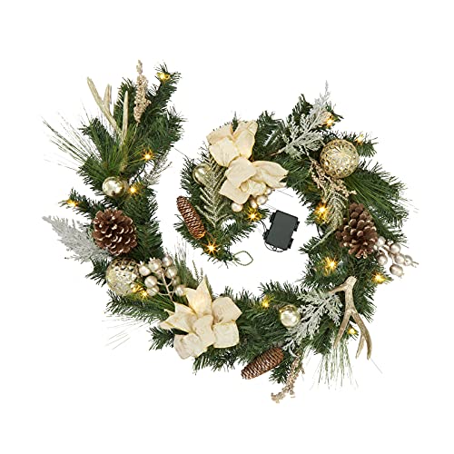 GarveeHome Christmas Garland with Lights for Mantle 6ft, Lighted Outdoor Xmas Garland with 20 Battery Operated LED Gold Balls Pine Cones Antlers for Fireplace Front Door Stair Railing Window Decor