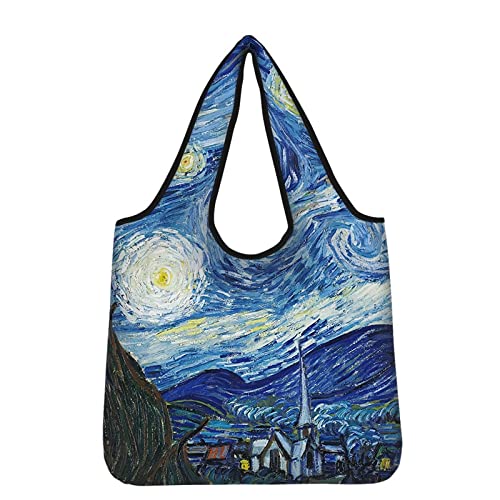 Kuiaobaty Einkaufstasche, wiederverwendbar, faltbar, in einer Tasche, große Familien-Einkaufstasche, Handtasche für Reisen, Van Gogh Art Sternennacht