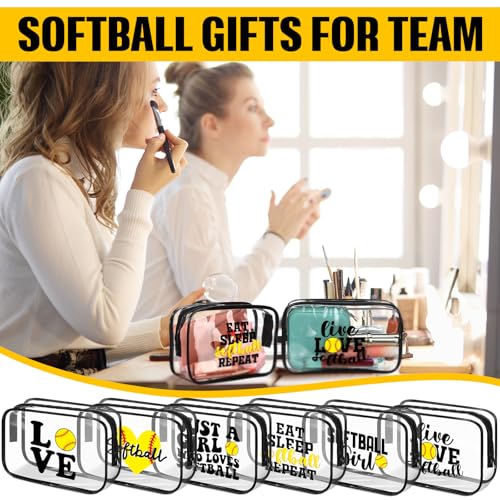 Reginary 12 Pcs 7 x 4.7 x 2.4'' Softball Makeup Bag Softball Gifts for Team Clear PVC Softball Cosmetic Case Softball Goodie Bag Stuffers Accessories for Woman Toiletry Zipper Pouch Team Party Favors4