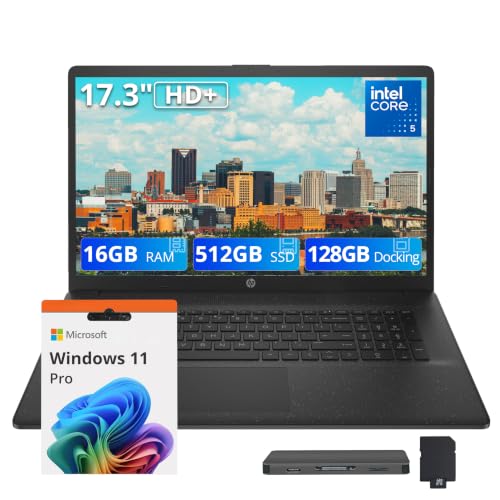 Image of HP 17.3 inch HD+ Laptop for Business & Students, Intel Core 5 120U, 16GB RAM, 512GB SSD + 128GB Docking Station, Intel Graphics, Full-Size Keyboard, Wi-Fi 6, HD Webcam, Windows 11 Pro, Black