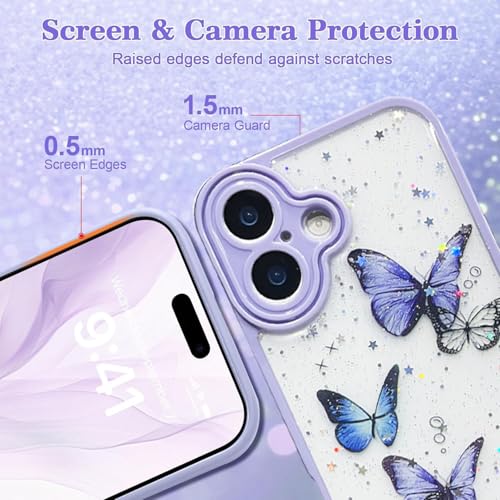 Image of VONZEE for iPhone 16 Clear Glitter Butterfly Case, Cute Bling Sparkle Shiny Soft TPU Bumper Shockproof Women Girls Slim Protective Phone Cover for iPhone 16 6.1 inch,Purple