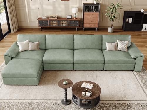 Image of EASE MOOSE Oversized Modular Sectional Sofa,Leather Sectional Couch with Deep Seat,Extra Large L Shaped Couch,Classic Comfy Scratch Resistant Faux Leather Material Sofa for Living Room,Green