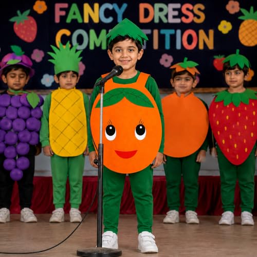 Image of Raj Costume Kids Mango Fruit Costume Apron with Cap for Boys & Girls | Cute Yellow Cutout Fancy Dress | Soft Felt Fabric | Role Play Outfit