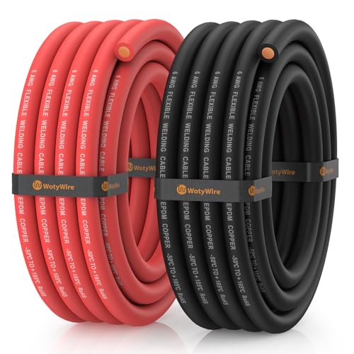 WotyWire 6 Gauge Wire Battery Cable 6 AWG EPDM Welding Cable with Oxygen-Free Copper Flexible/High Conductivity for Solar Automotive Battery Inverter RV Marine (15 ft Red + 15 ft Black)