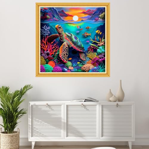 Image of Joyhoor Stamped Cross Stitch Kits for Beginners Needlepoint Kits for Adults Embroidery Kits 11CT Counted Cross Stitch Kits Printed Embroidery Pattern-Sunrise Colorful Sea Turtle 18x18 inch