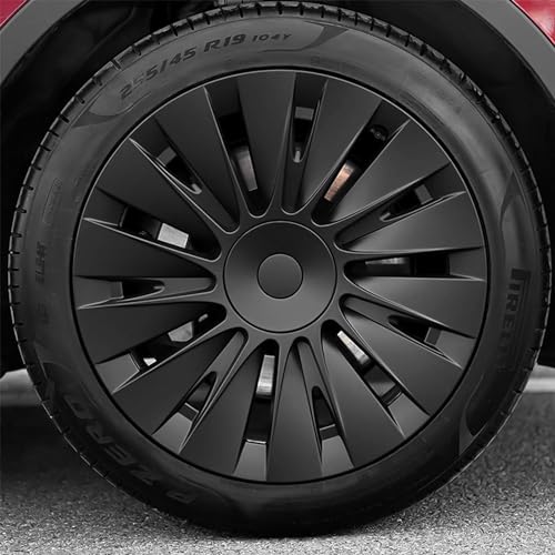 KAVANIC 4 Stück Radkappen Passend für Tesla Model Y 19-Zoll-Radkappe Mattschwarz Unterstützt Logo-Bereichsverbesserung Induktionsstil 20202024 Modell Y-Radabdeckung