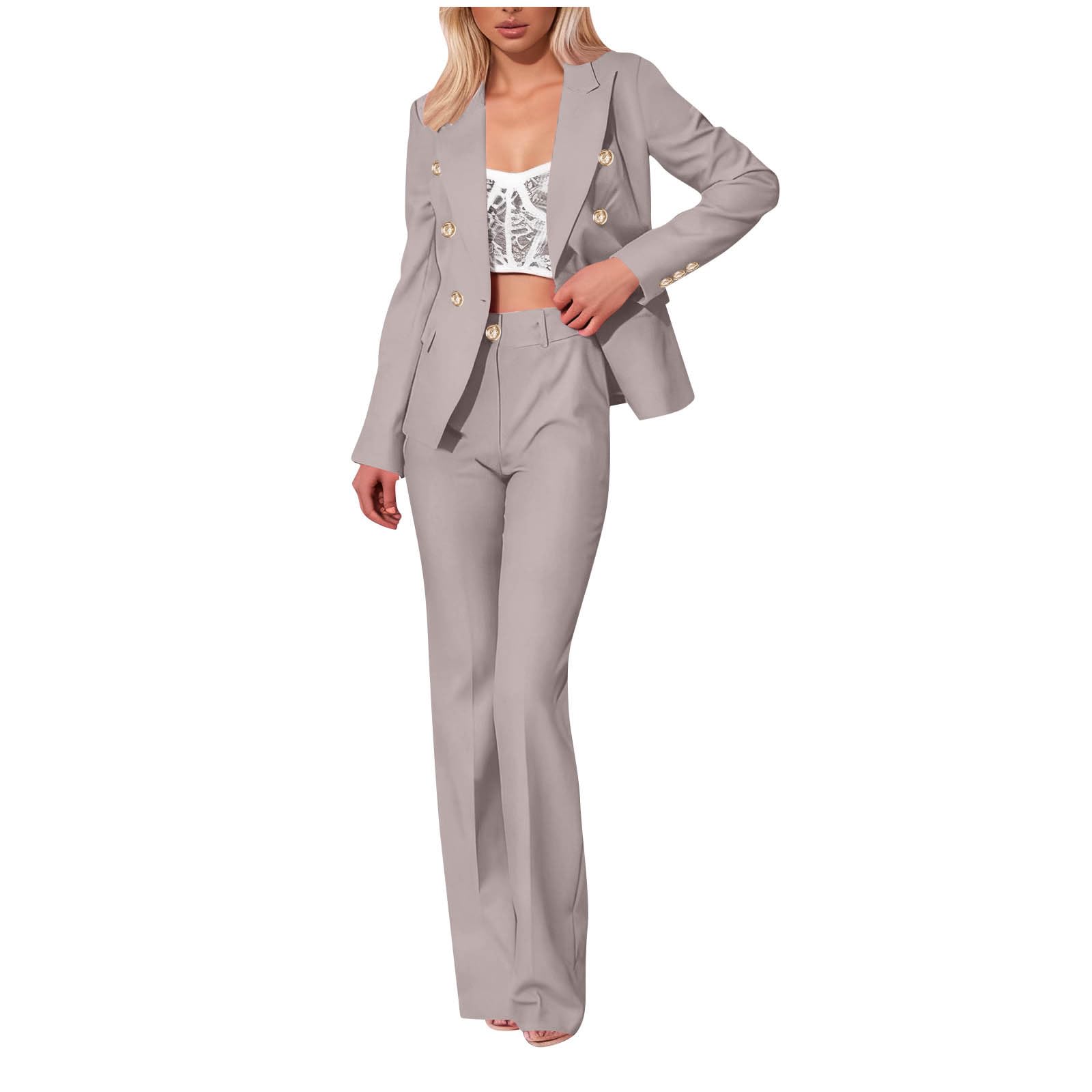 Womens Suits 2 Piece Set Business Casual Blazer Jacket and Wide Leg Dress Pants Work Office Solid Fashion