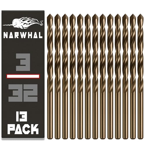 Narwhal 3/32 Inch Cobalt Drill Bits (13 Pack - Industrial Grade M35 Cobalt) 2-1/4 Length & 135 Degree Split Point for Drilling Into Metal Hardened & Stainless Steel Cast Iron & More!