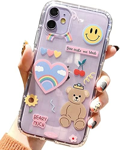 LUSAMYE iPhone 11 Cute Cartoon Bear Case,Clear Soft TPU Cover for Girly Women Aesthetic Kawaii Korean iPhone 11 Phone case -Rainbow Bear