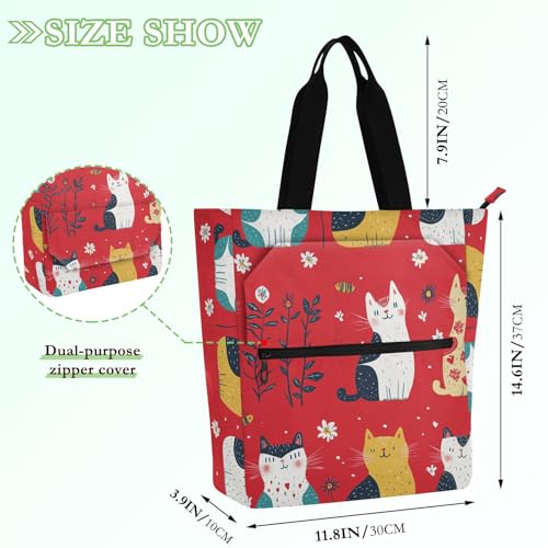 Kids Book Tote for Kids Boys Girls, Cartoon Funny Cat Red Sturdy Library Book Tote Shopping Bag with Zipper Handles for School Shopping Beach Rainbow2