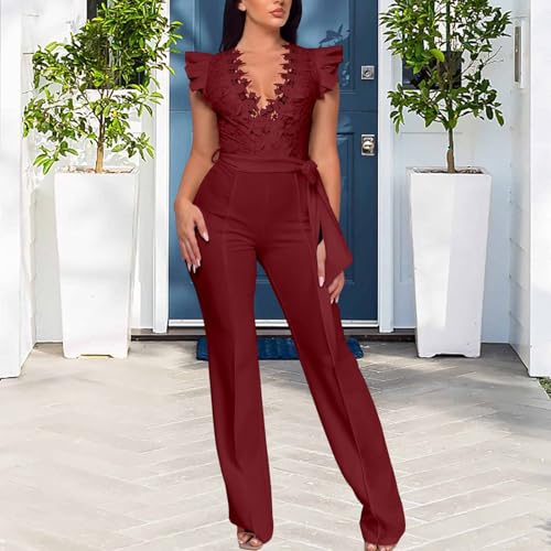 Image of PaladMom Womens Elegant Plus Size Jumpsuits Sexy Back zipper Short Sleeve Mid Waist Wide Leg Straight Rompers