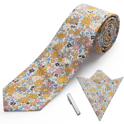 Image of YourTies Cotton Floral Tie for Men 2.5 inch Printed Skinny Necktie Pocket Square Tie Clip Set Flower Wedding Party Groom