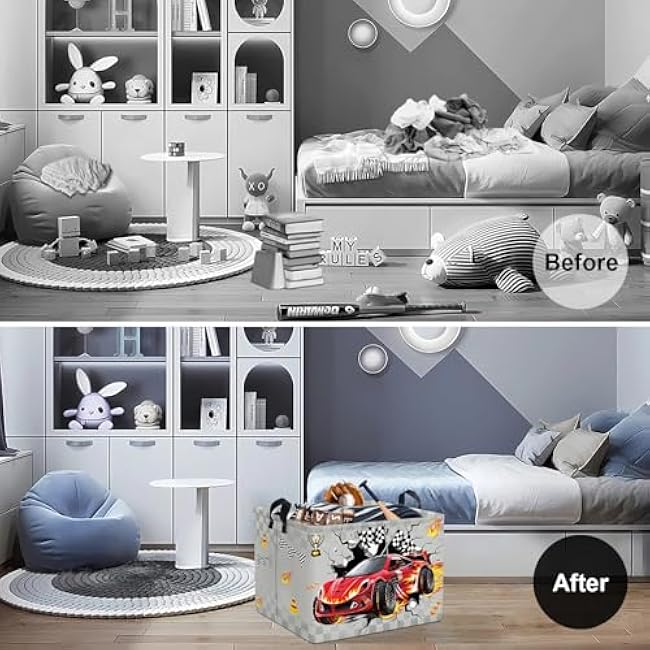 Clastyle Sport 3D Racing Car Boy Room Basket Racing Flag Monster Truck Toy Book Shelf Basket Large Rectangle Collapsible Dirty Clothes Storage Bin, Grey, 40 * 30 * 30 cm