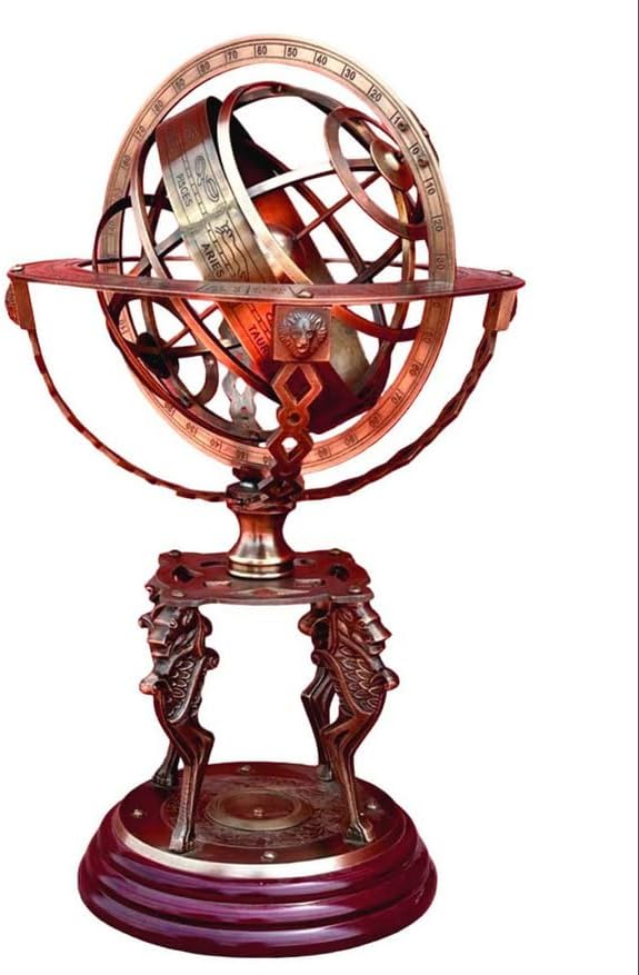 Vintage Brass Zodiac Armillary Sphere Globe – Small Nautical Globe with Wooden Base | Antique Pirate Ship Decor & Celestial Display