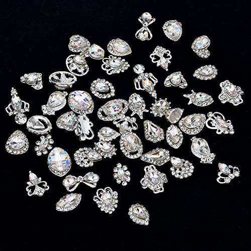 50Pcs Sparkle Crystal Ab Nail Stone Silver Charms Rhinestone Decoration Jewelry Multi Designs Assortment For Nails Art Décor #TOP7
