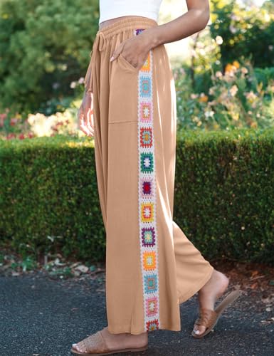 Image of TARSE Womens Wide Leg Linen Pants Summer Casual Drawstring Loose Lounge Palazzo Crochet Panel Pant with Pocket