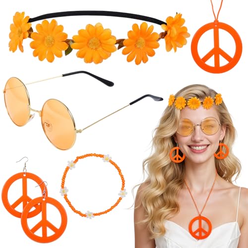 Hpmjz 6Pcs Hippie Costume Accessories Set Boho Peace Sign Daisy Flower Round Hippie Sunglasses and Peace Sign Necklaces and Earrings 60s 70s Party Favors Decorations for Groovy Party Women Halloween