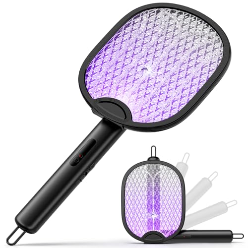 ZOVHYYA 3-in-1 Elektrische Fliegenklatsche 4000V Stark 1800mAh Akku Insektenvernichter USB-C 180 Klappbare Mückenklatsche mit LED Wandmontage & Selbststehen(Graphite Black)