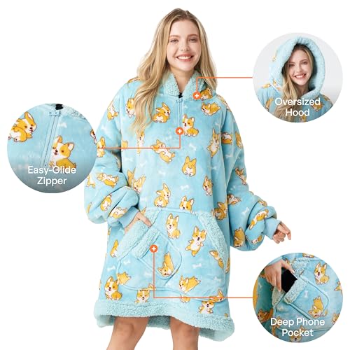 Image of Giggling Getup Wearable Blanket Hoodie for Adults Gifts for Teen Girls Sister Women Sherpa Fleece Printed Hooded Blanket Sweatshirt Warm Cozy with Pocket & Sleeves Blue Corgi
